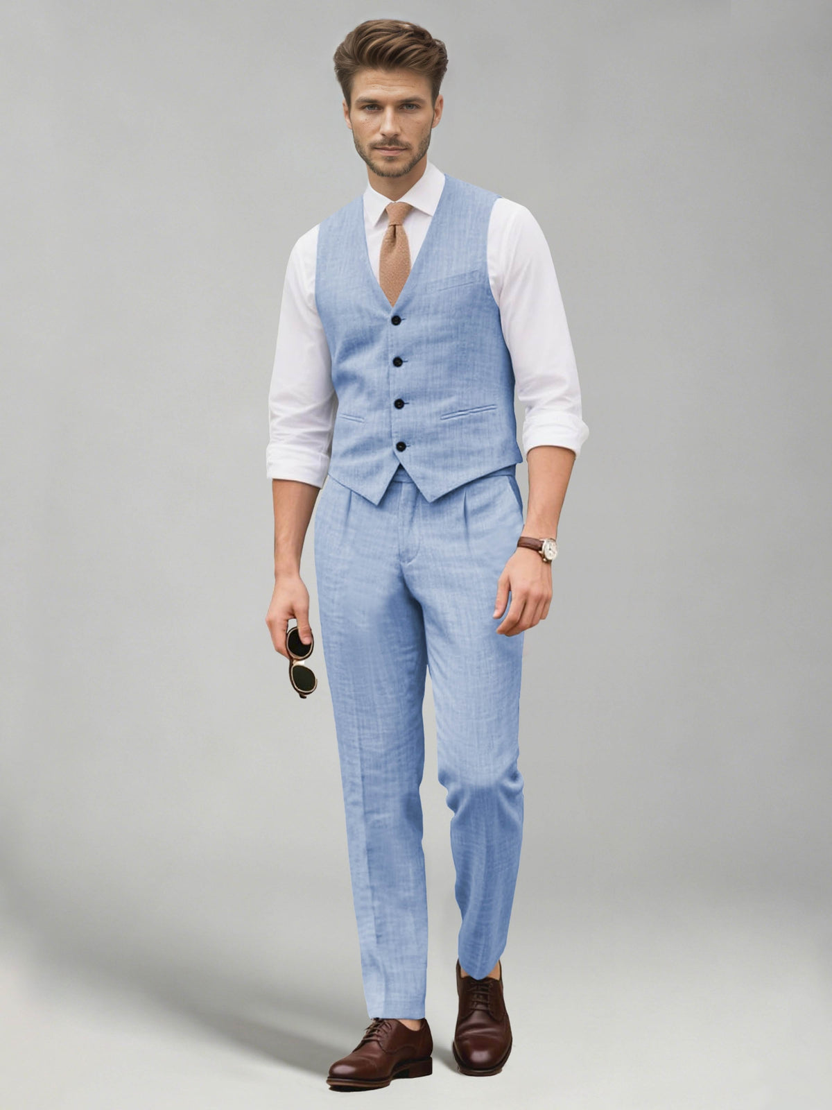 Men's two-piece suit set with a V-neck waistcoat and matching long trousers