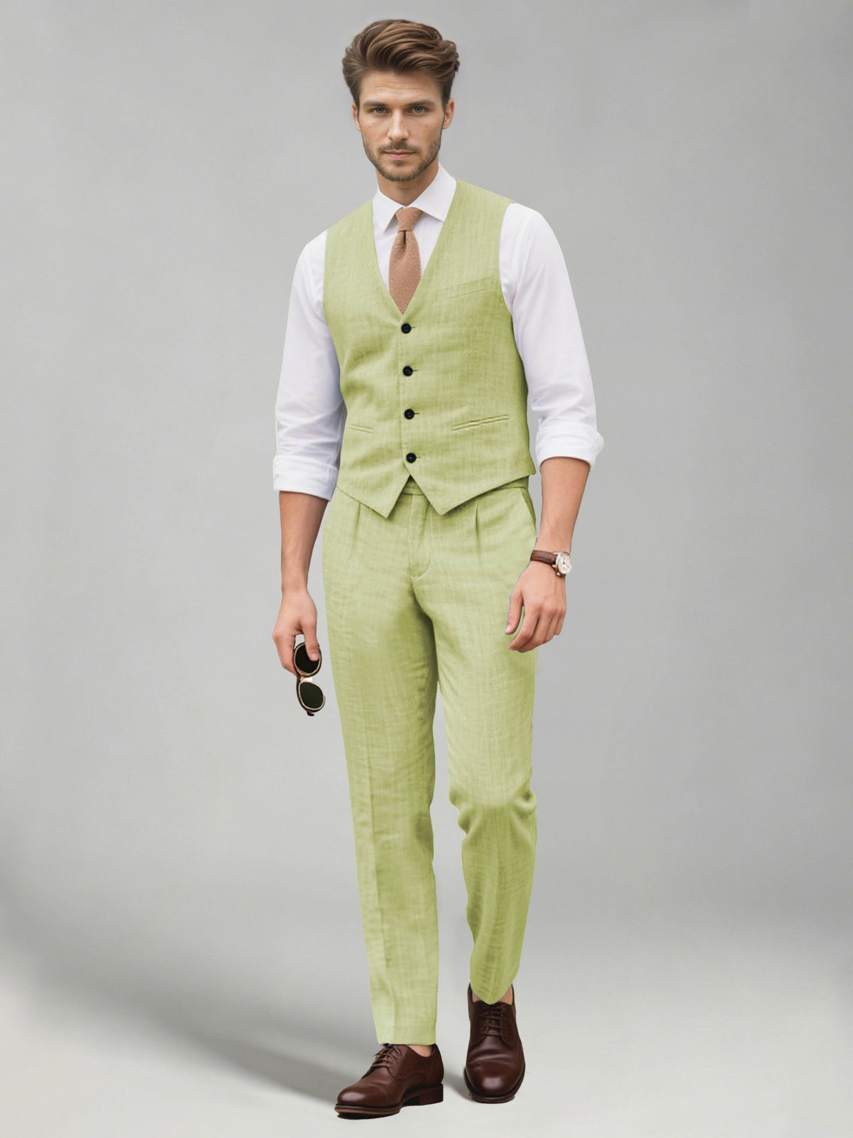 Men's two-piece suit set with a V-neck waistcoat and matching long trousers