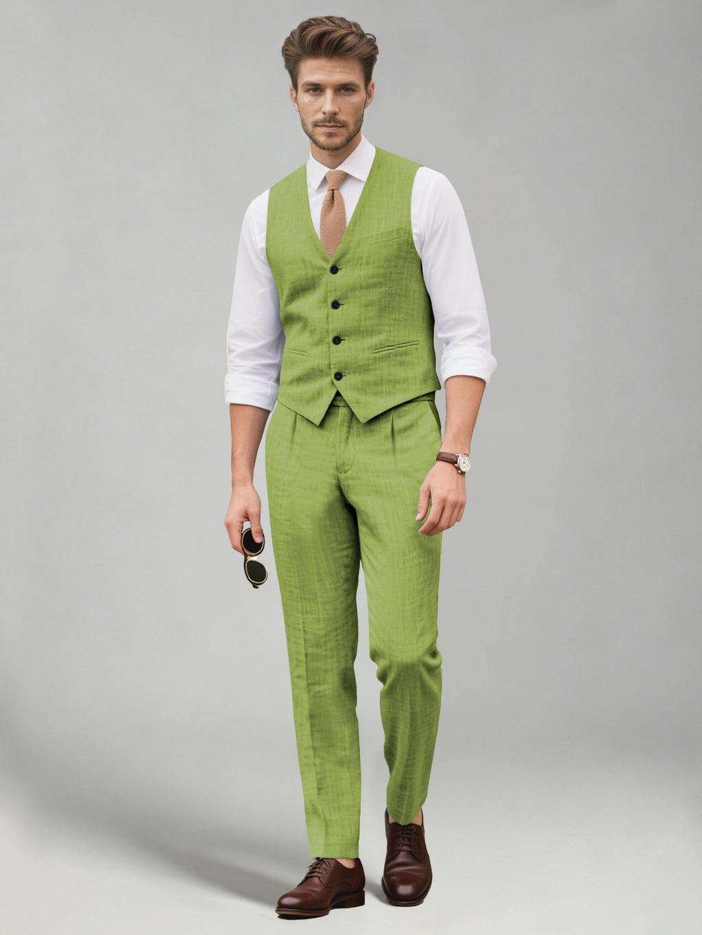 Men's two-piece suit set with a V-neck waistcoat and matching long trousers