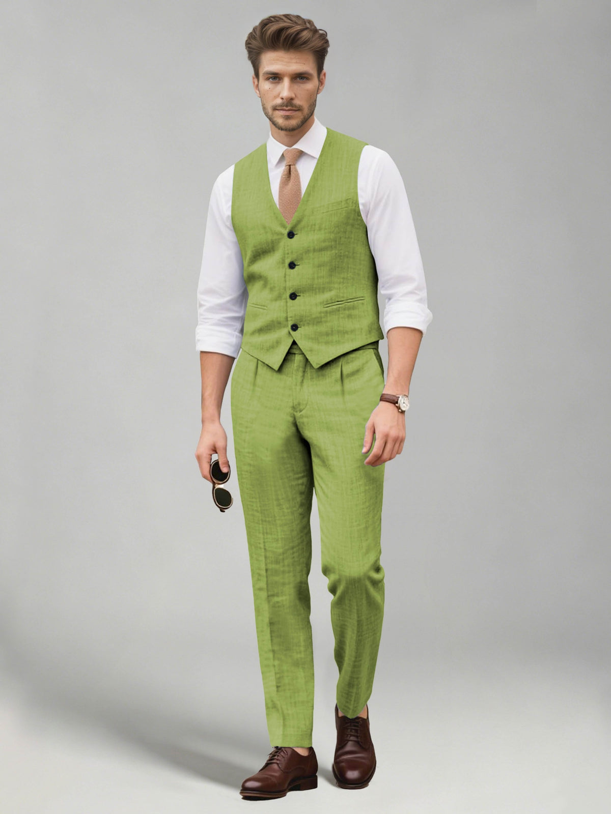Men's two-piece suit set with a V-neck waistcoat and matching long trousers