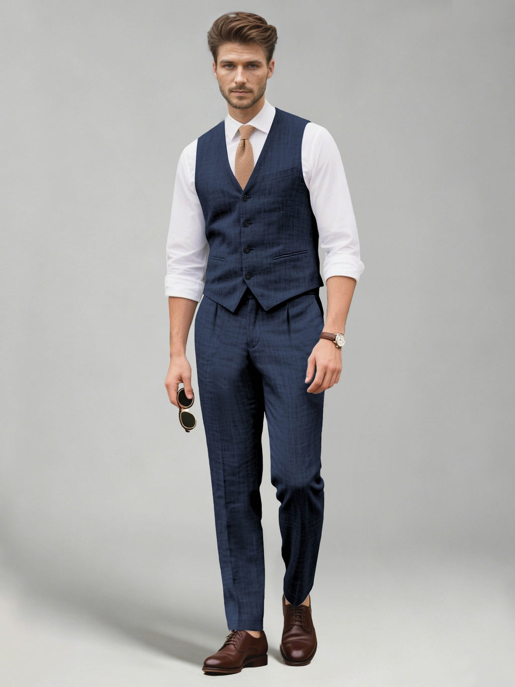 Men's two-piece suit set with a V-neck waistcoat and matching long trousers