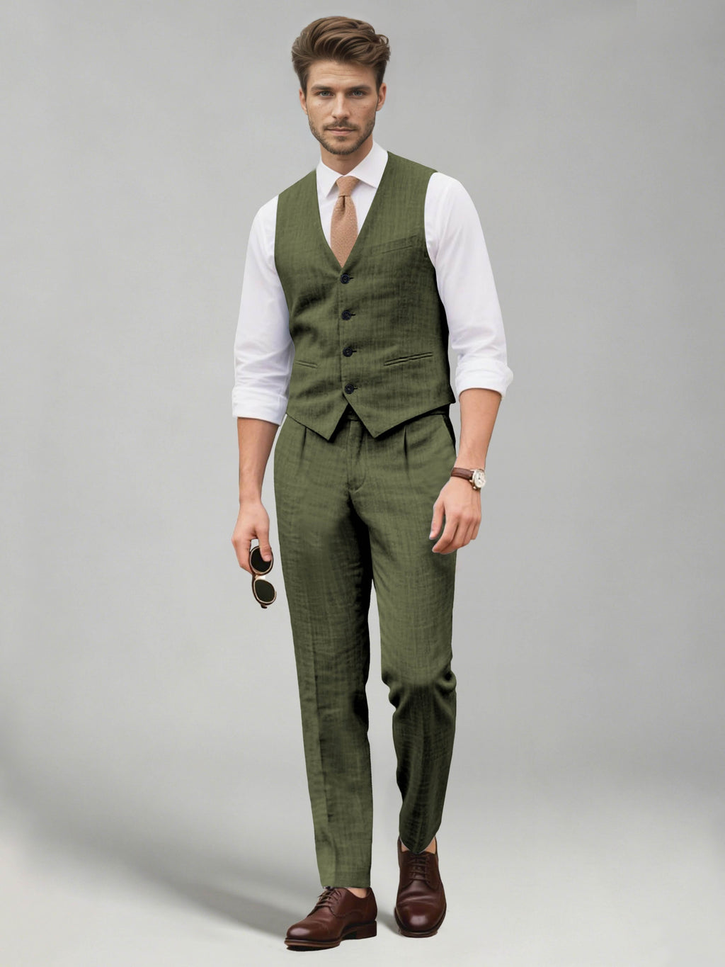 Men's two-piece suit set with a V-neck waistcoat and matching long trousers