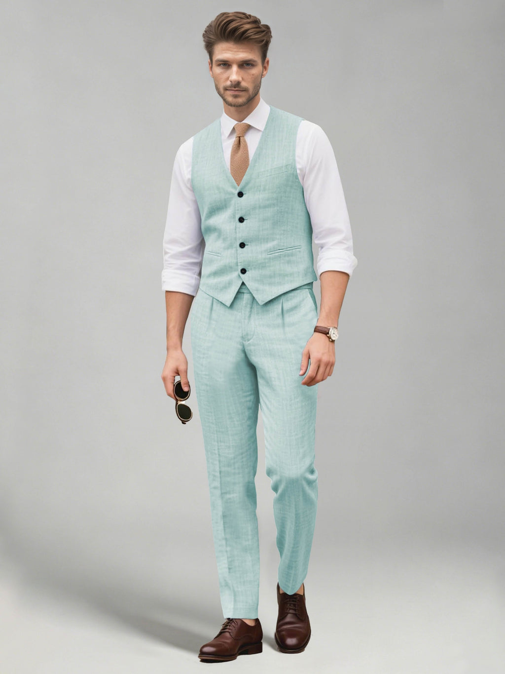 Men's two-piece suit set with a V-neck waistcoat and matching long trousers