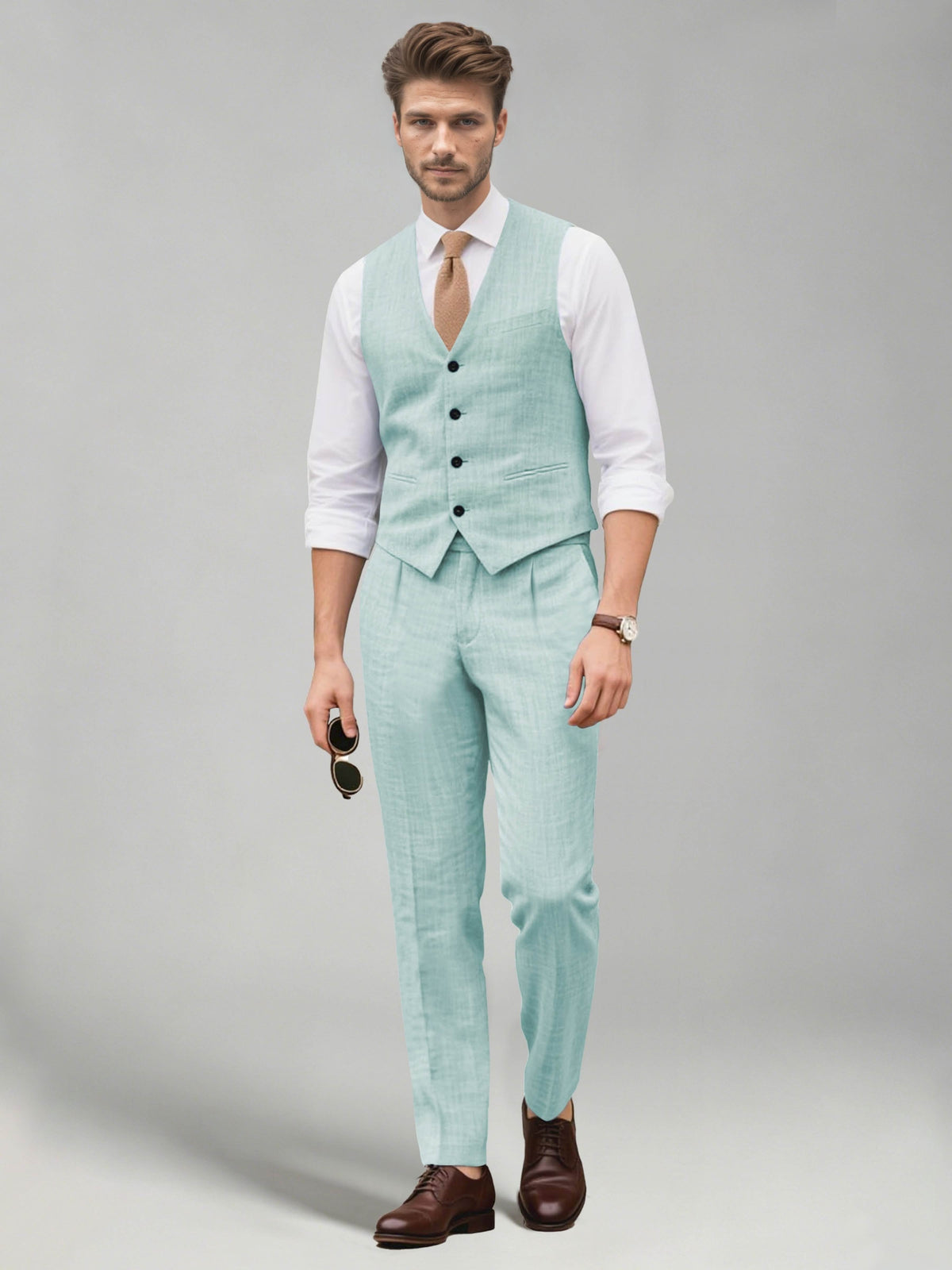 Men's two-piece suit set with a V-neck waistcoat and matching long trousers