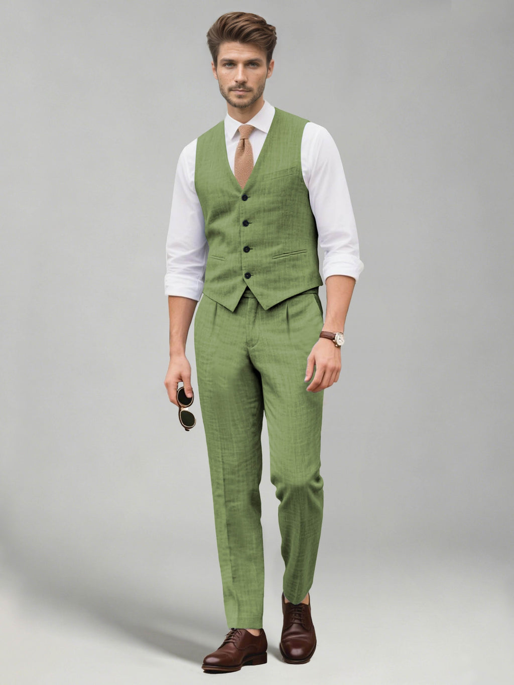 Men's two-piece suit set with a V-neck waistcoat and matching long trousers