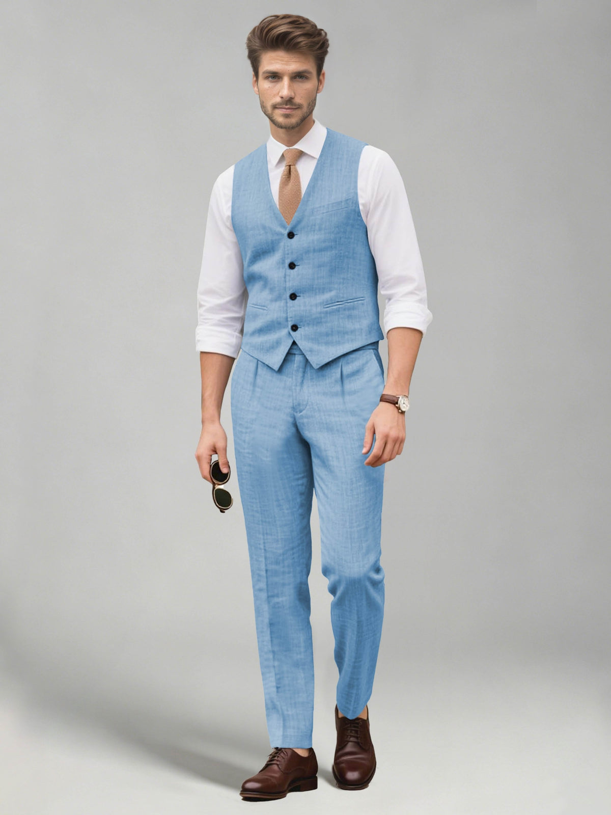 Men's two-piece suit set with a V-neck waistcoat and matching long trousers