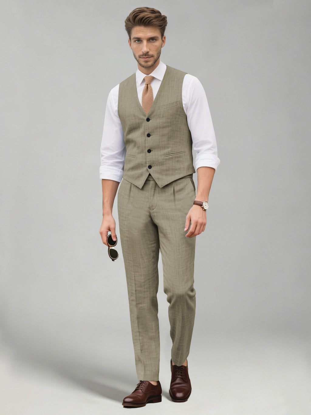 Men's two-piece suit set with a V-neck waistcoat and matching long trousers