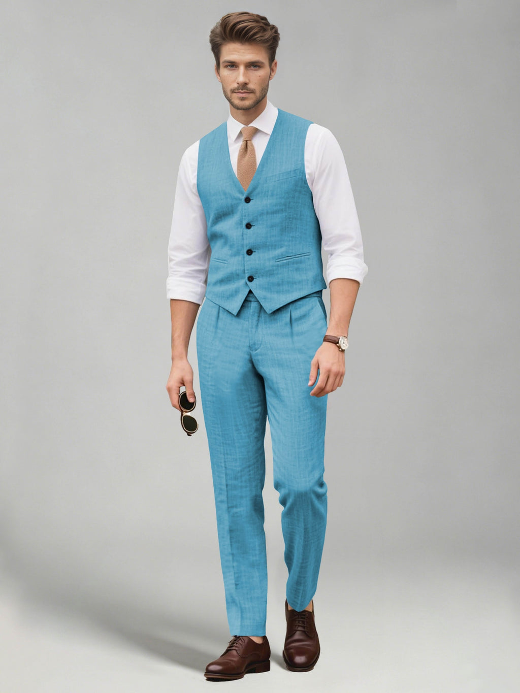 Men's two-piece suit set with a V-neck waistcoat and matching long trousers