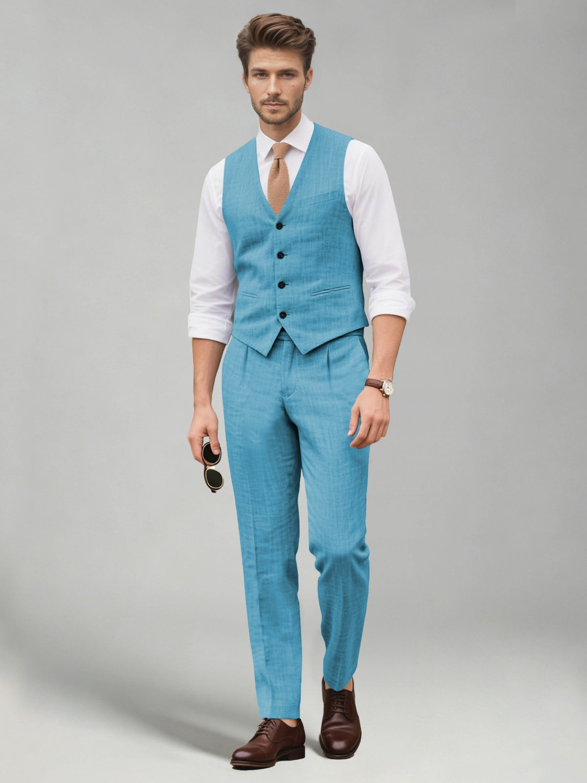 Men's two-piece suit set with a V-neck waistcoat and matching long trousers