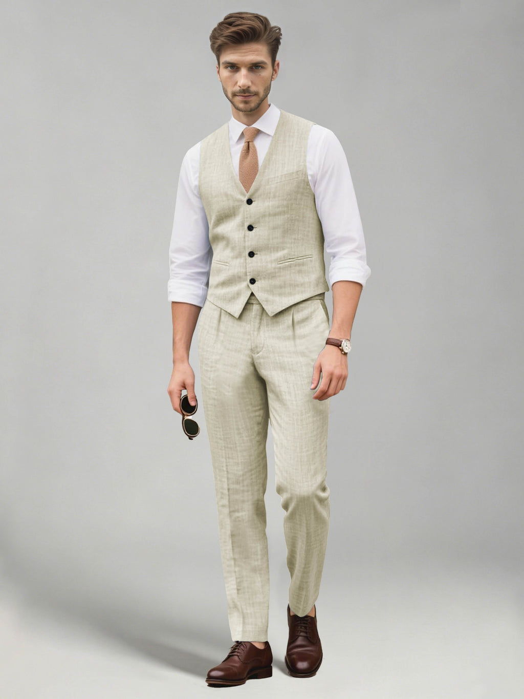 Men's two-piece suit set with a V-neck waistcoat and matching long trousers