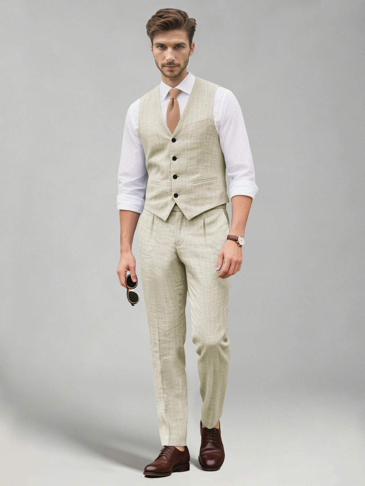 Men's two-piece suit set with a V-neck waistcoat and matching long trousers