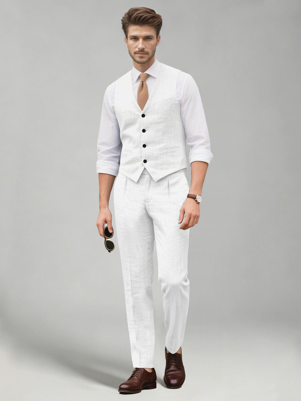 Men's two-piece suit set with a V-neck waistcoat and matching long trousers