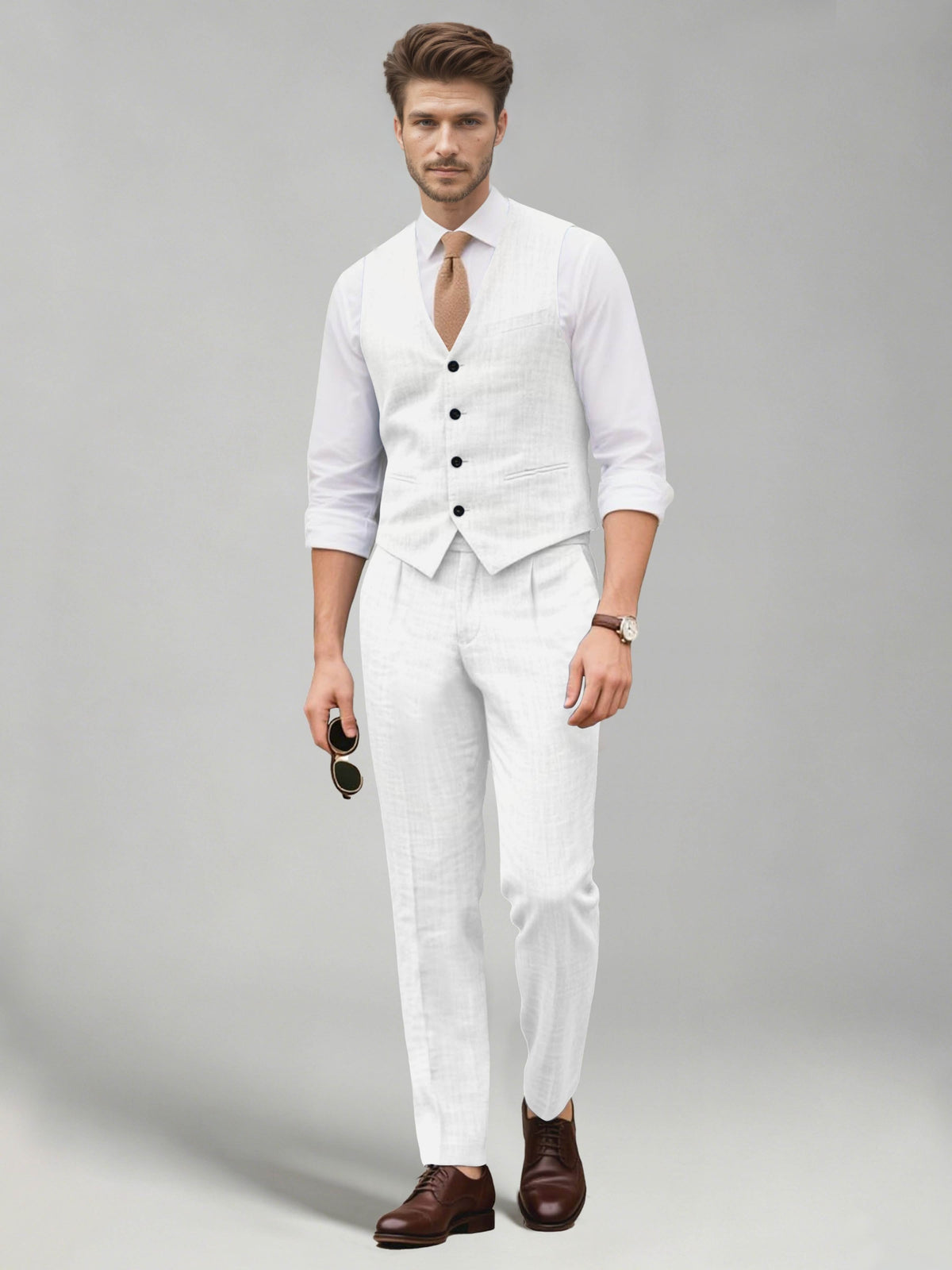 Men's two-piece suit set with a V-neck waistcoat and matching long trousers