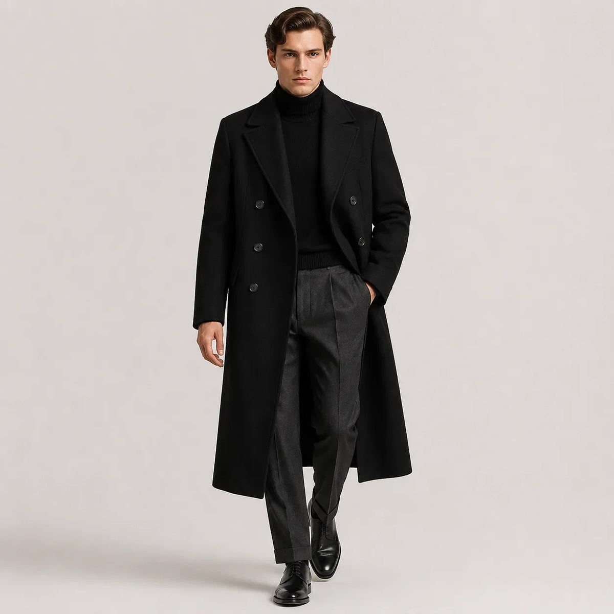 Men's long double-breasted trench coat with notched lapels and side pockets