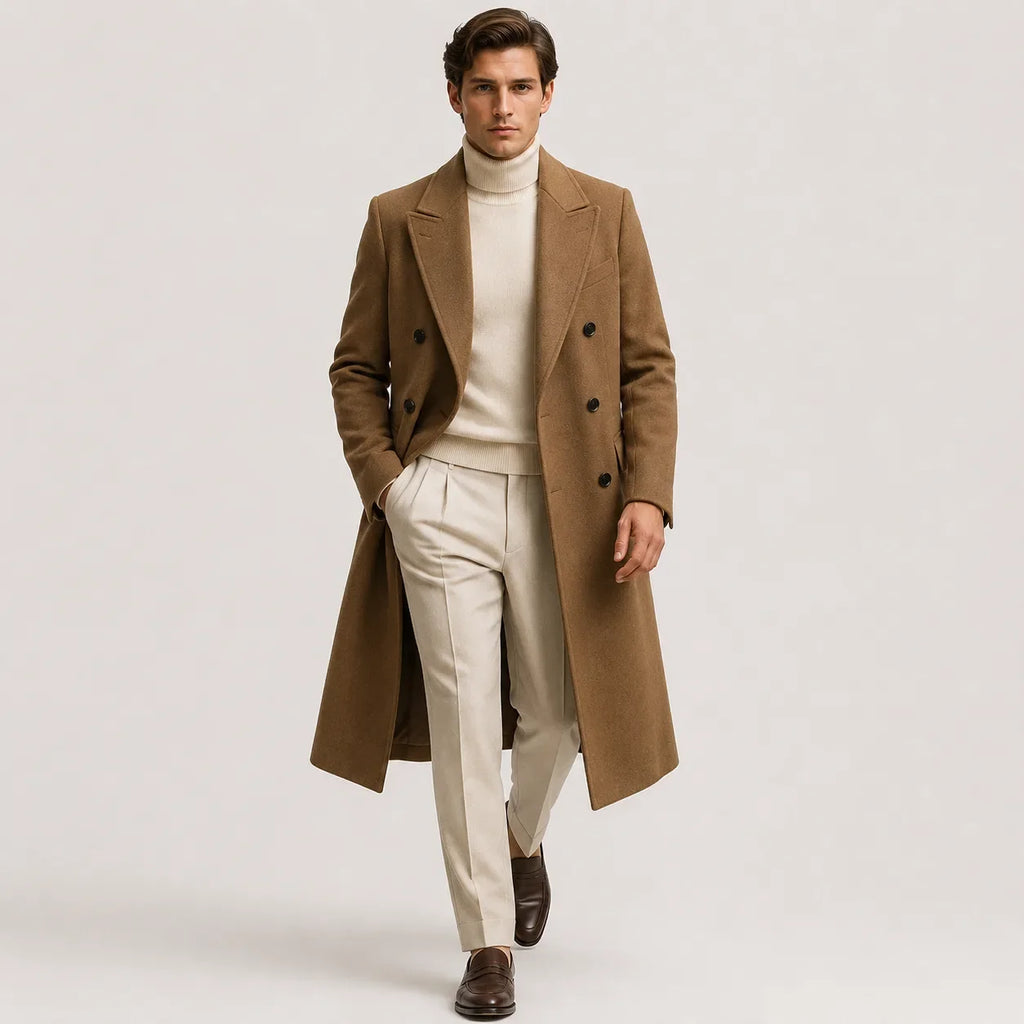 Men's long double-breasted trench coat with notched lapels and side pockets