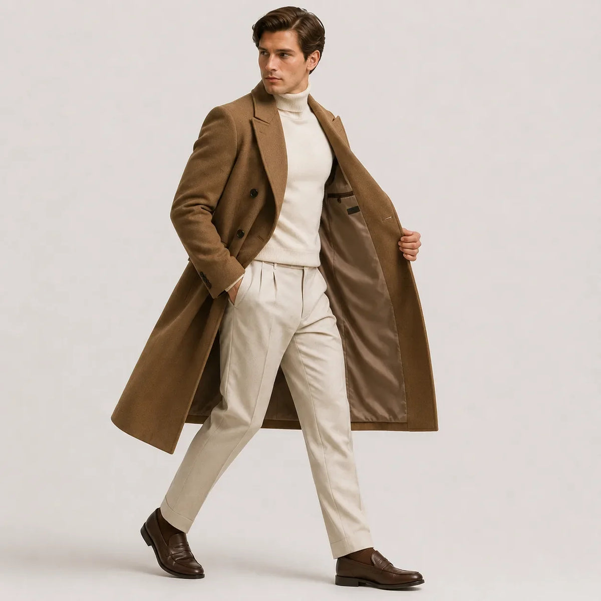 Men's long double-breasted trench coat with notched lapels and side pockets