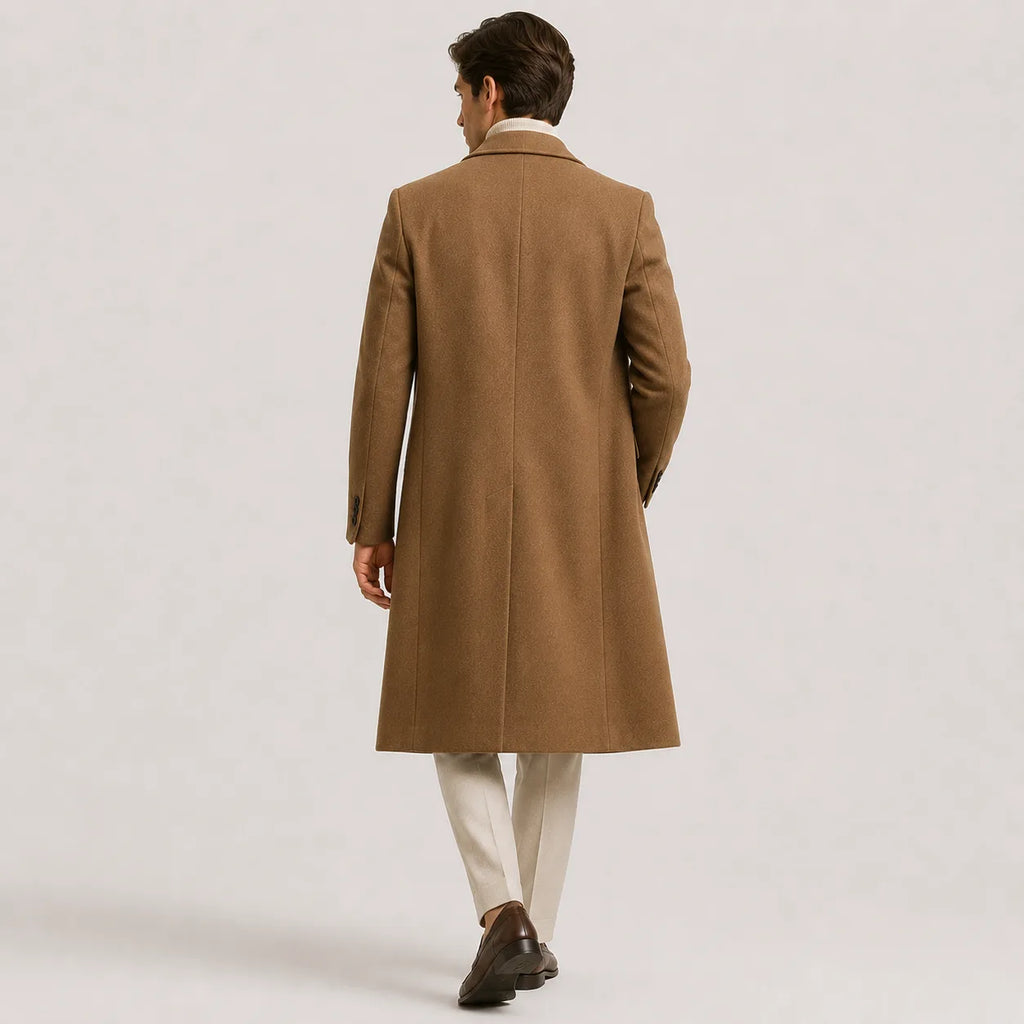 Men's long double-breasted trench coat with notched lapels and side pockets
