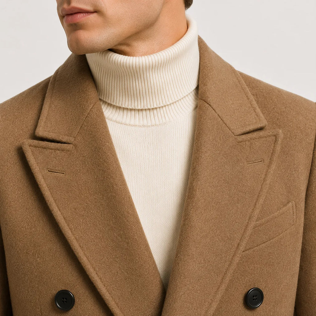 Men's long double-breasted trench coat with notched lapels and side pockets