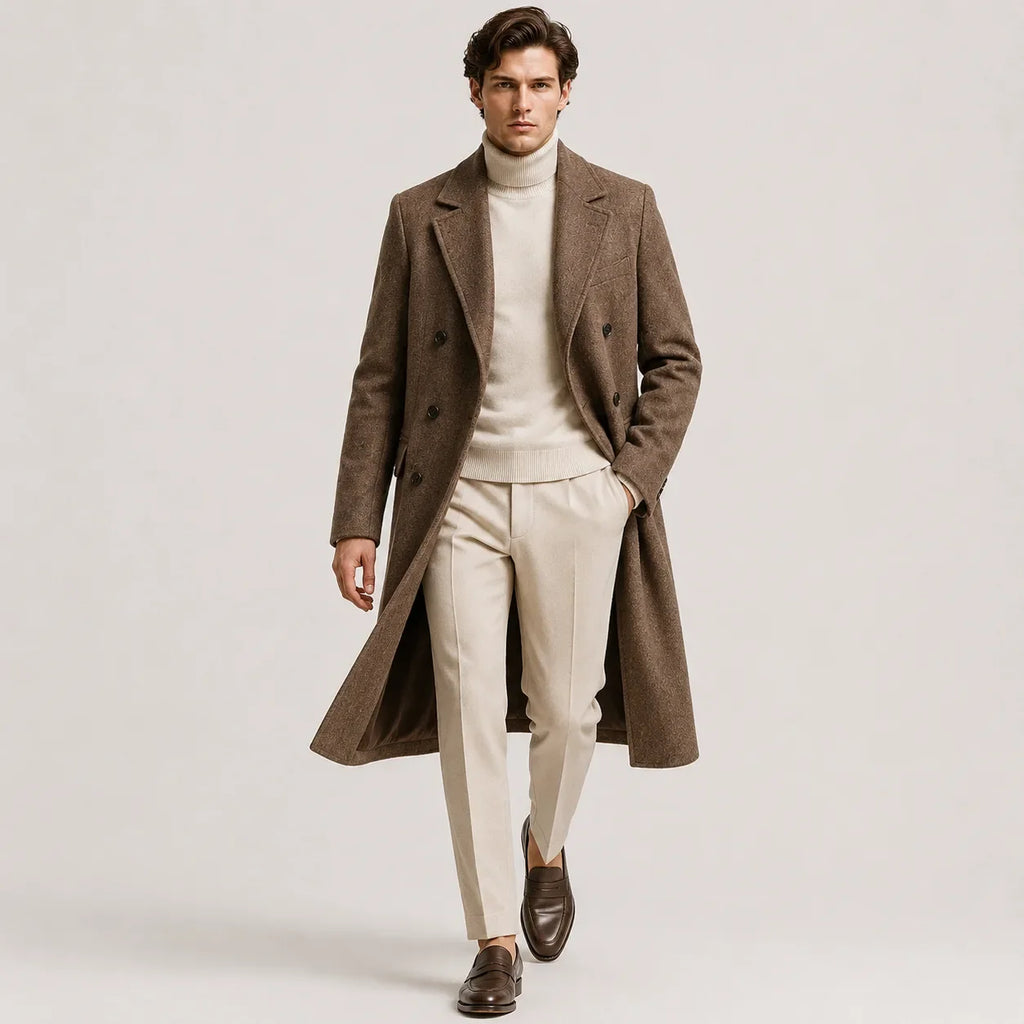 Men's long double-breasted trench coat with notched lapels and side pockets