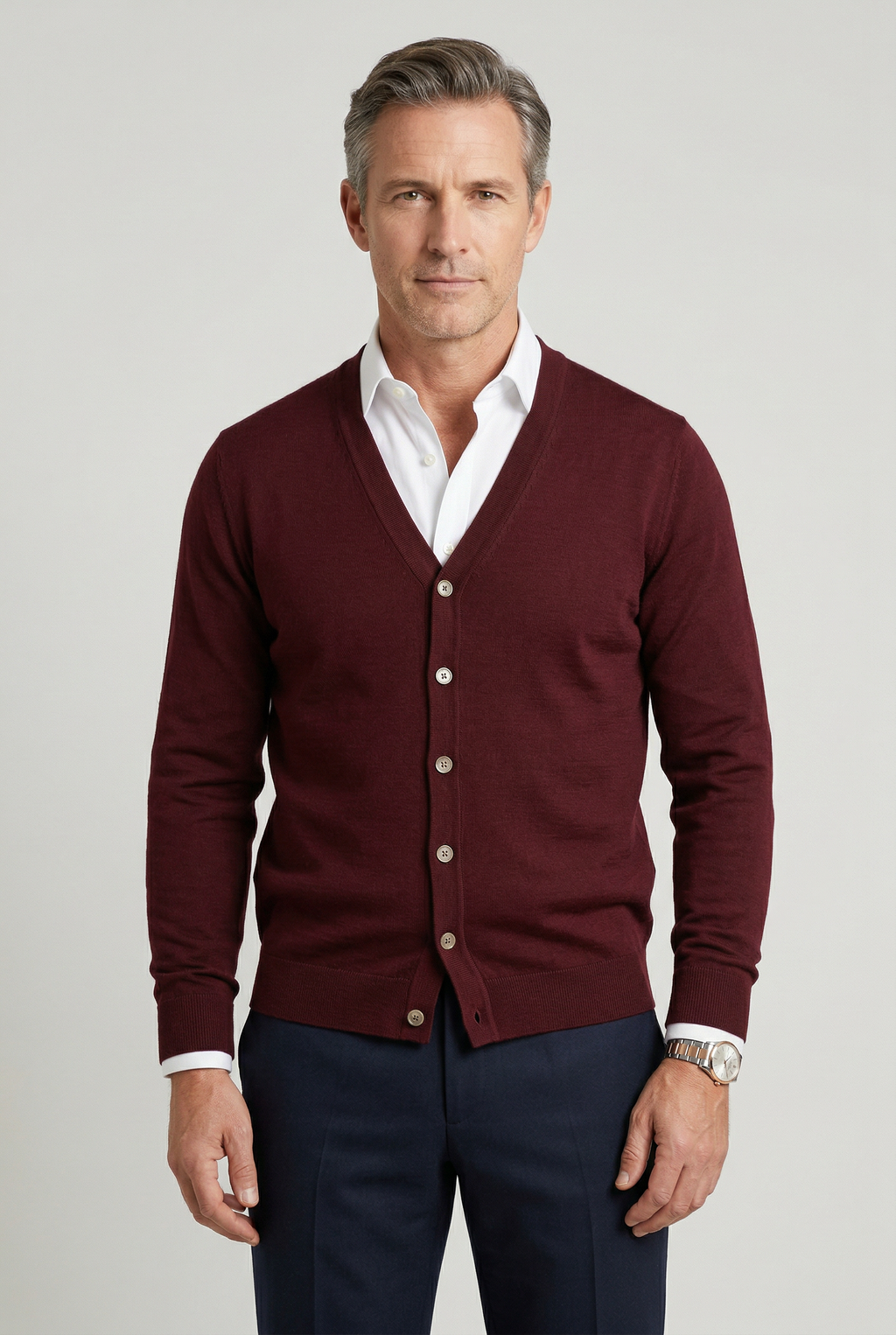 Men's plain V-neck cardigan with button front and long sleeves