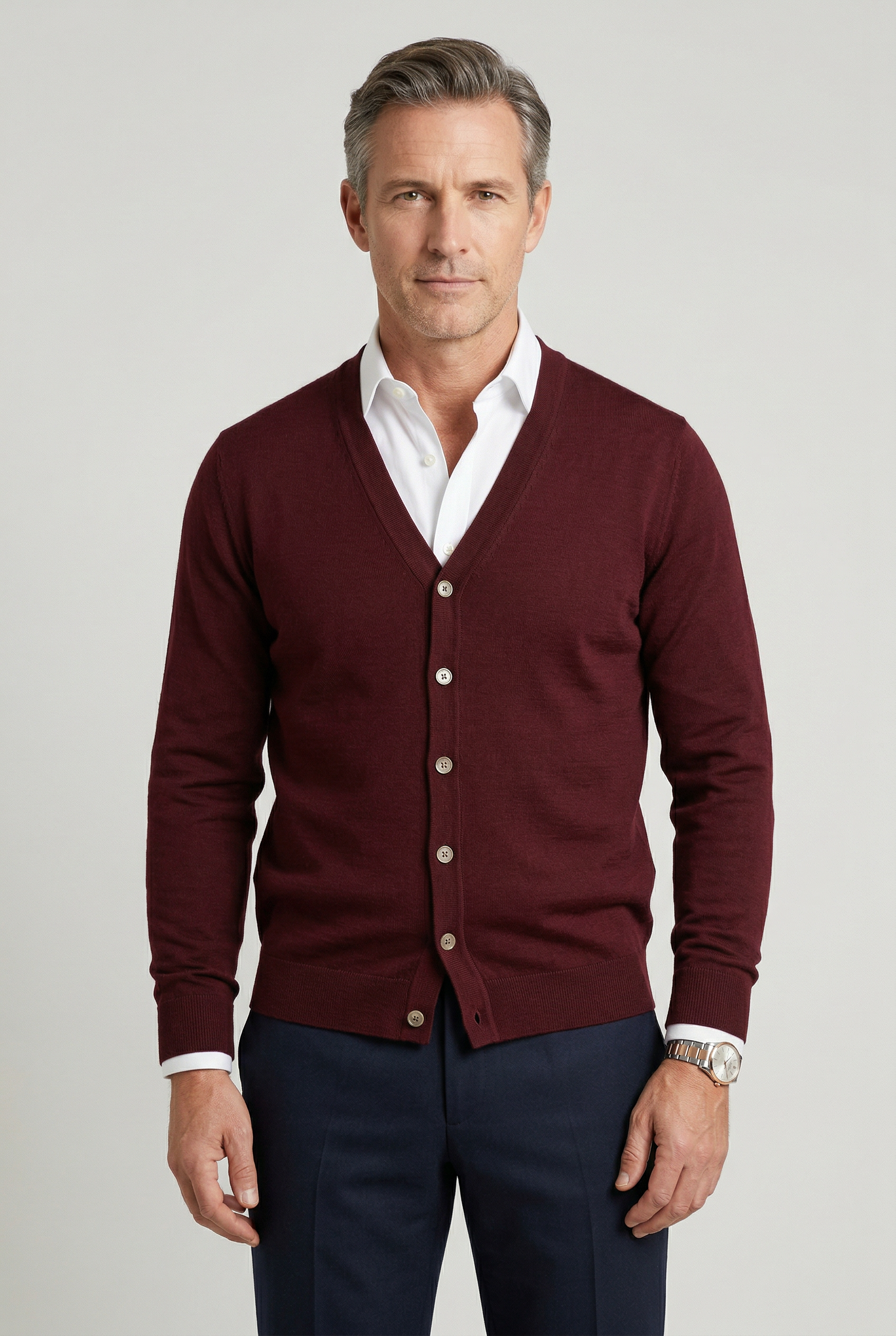 Men's plain V-neck cardigan with button front and long sleeves