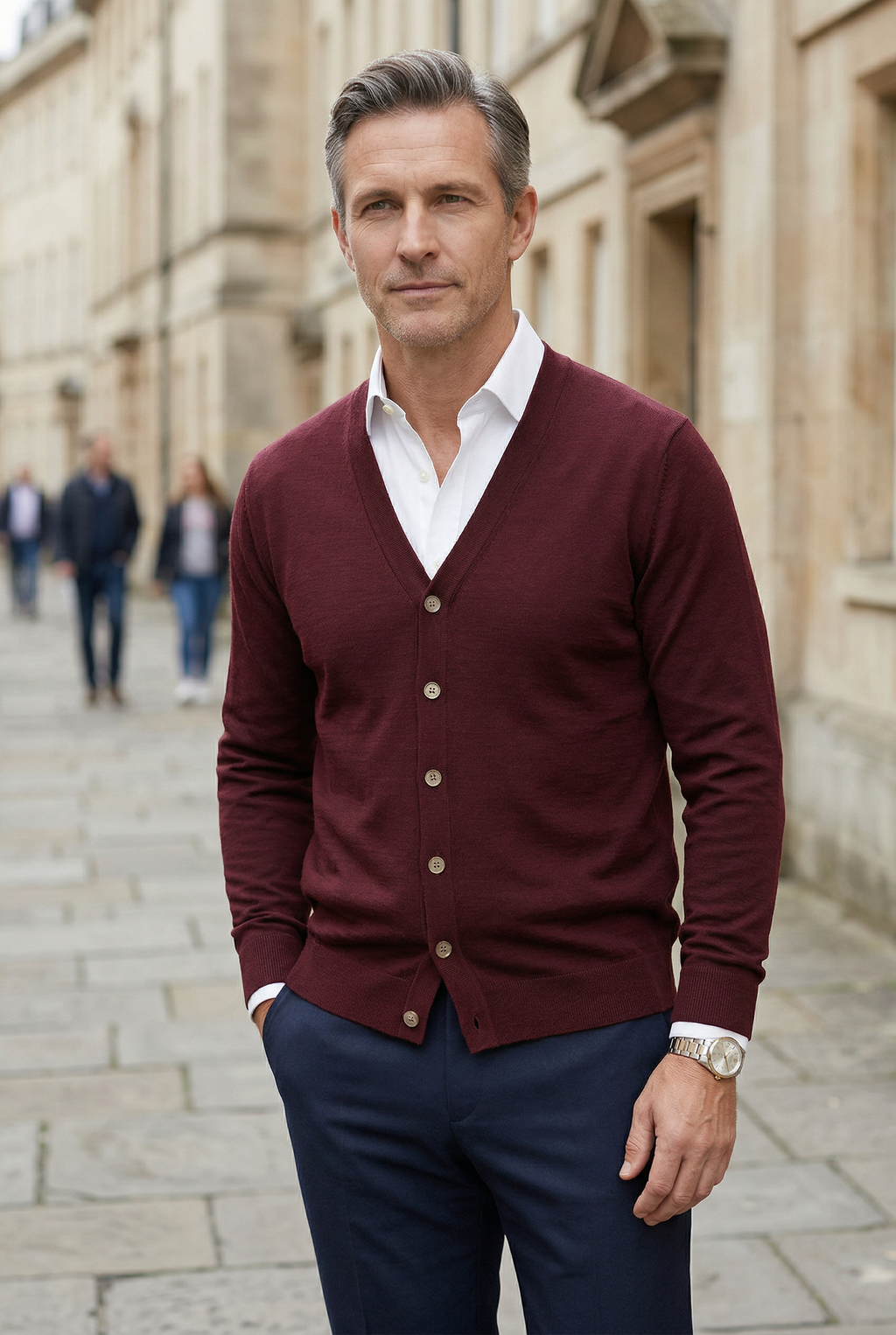 Men's plain V-neck cardigan with button front and long sleeves