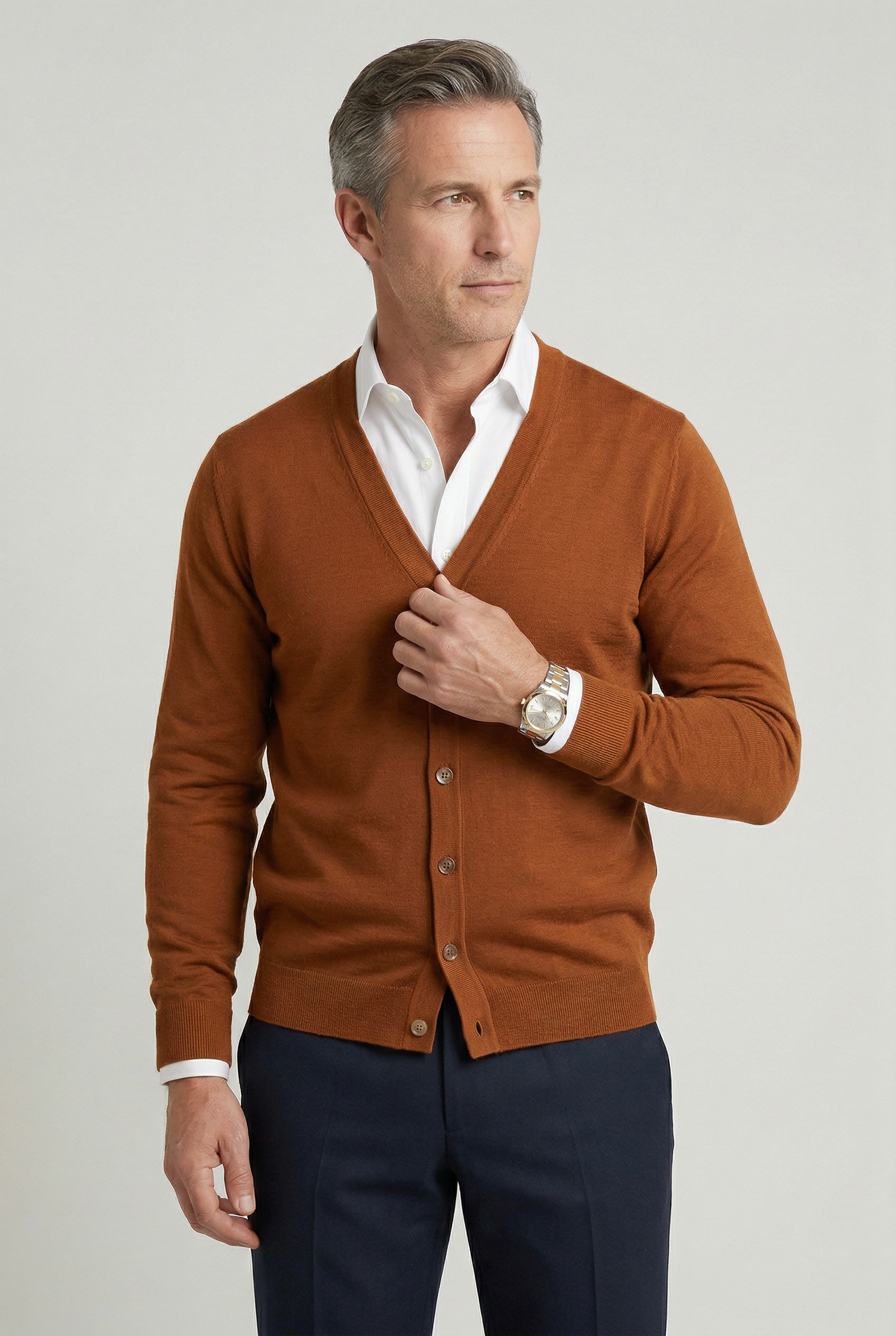 Men's plain V-neck cardigan with button front and long sleeves