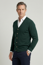 Men's plain V-neck cardigan with button front and long sleeves