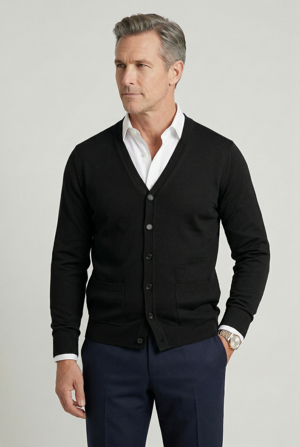 Men's plain V-neck cardigan with button front and long sleeves
