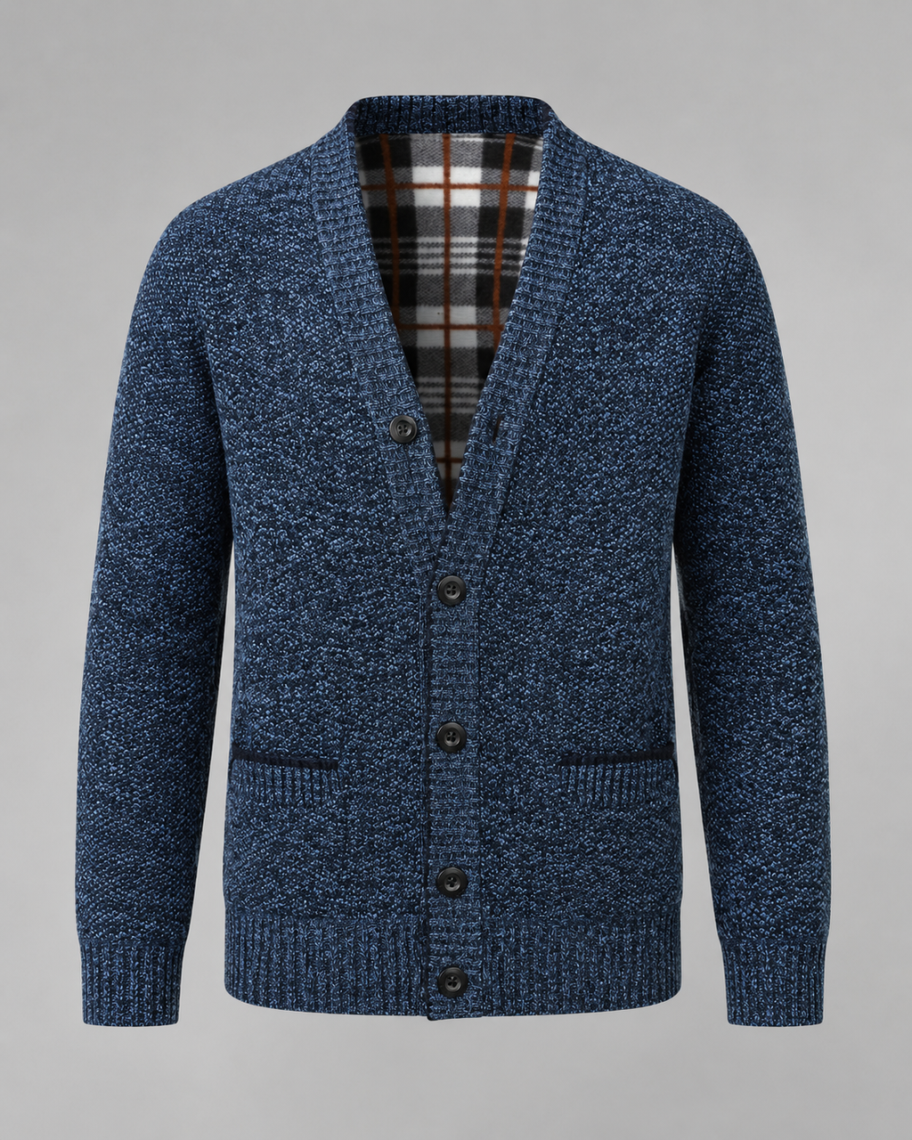 Ribbed V-neck cardigan with long sleeves, buttons and front pockets