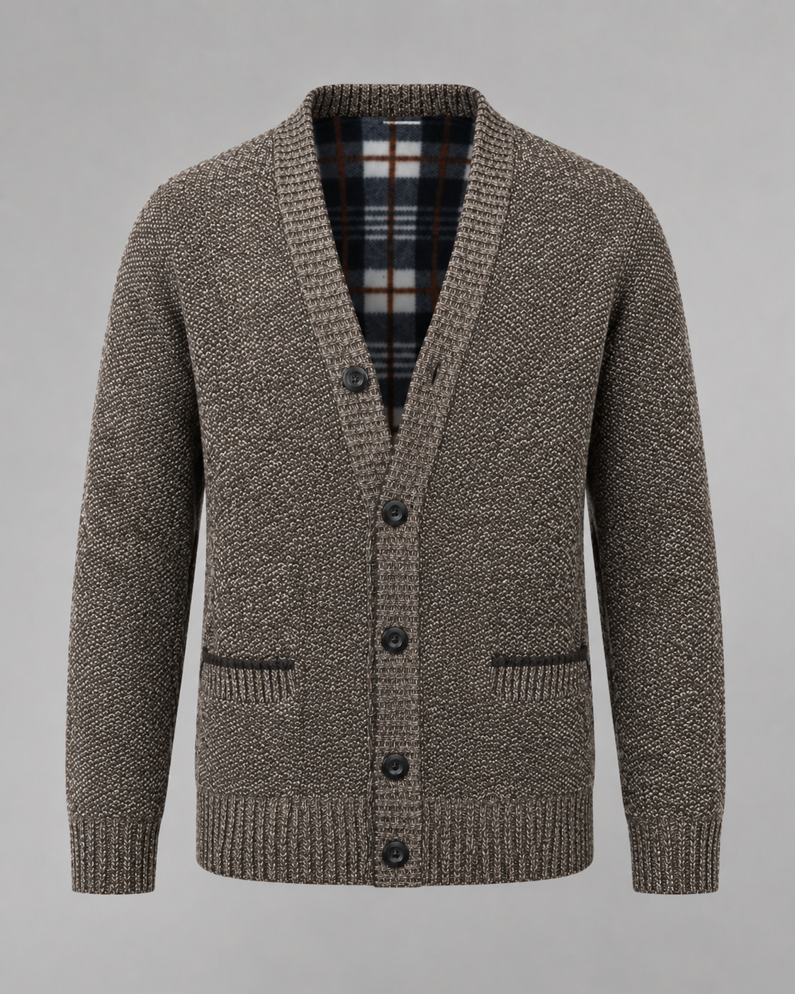 Ribbed V-neck cardigan with long sleeves, buttons and front pockets