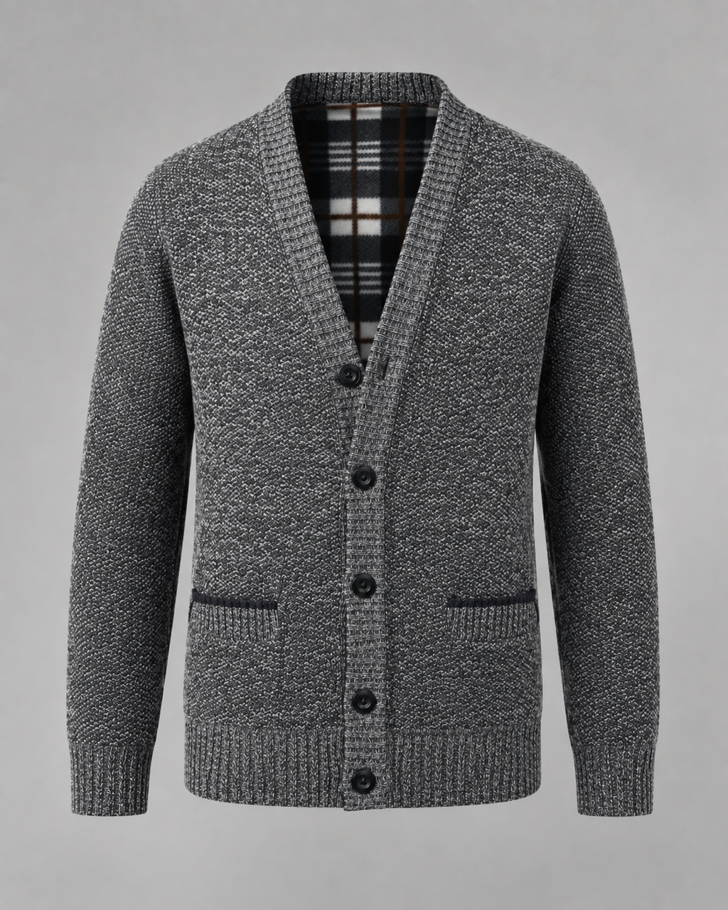 Ribbed V-neck cardigan with long sleeves, buttons and front pockets