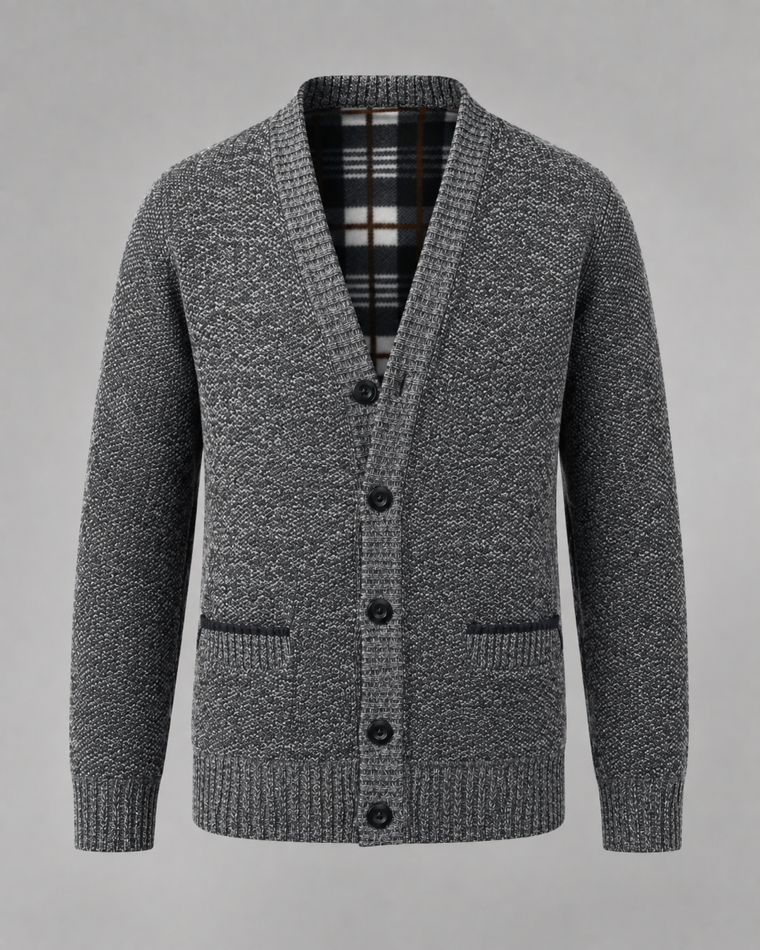 Ribbed V-neck cardigan with long sleeves, buttons and front pockets