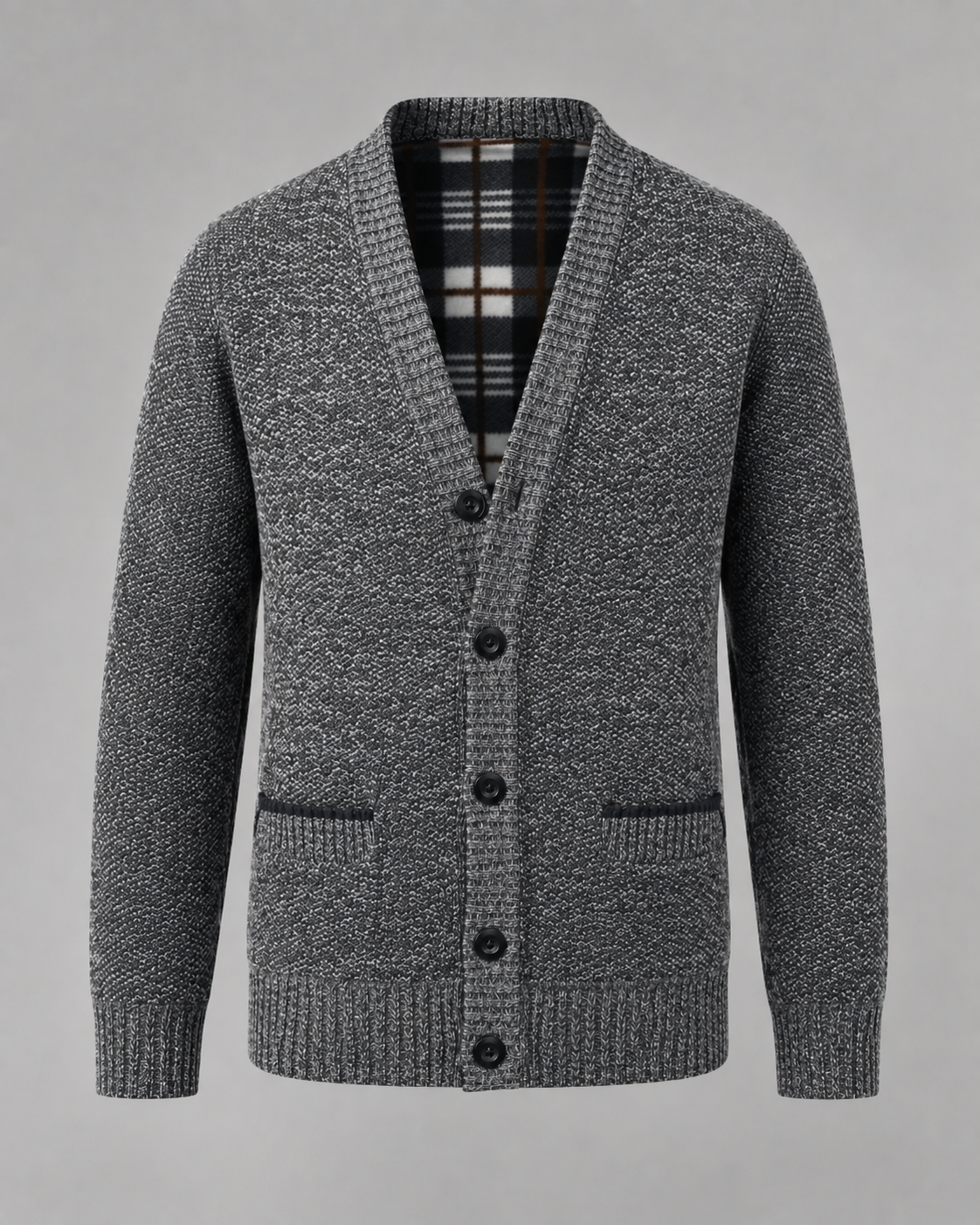 Ribbed V-neck cardigan with long sleeves, buttons and front pockets
