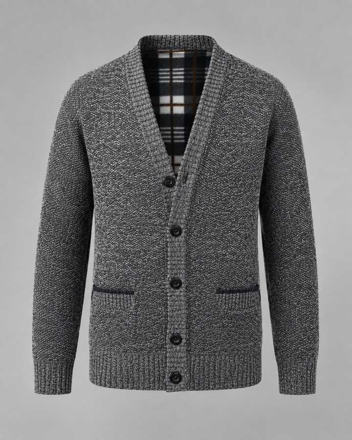 Ribbed V-neck cardigan with long sleeves, buttons and front pockets