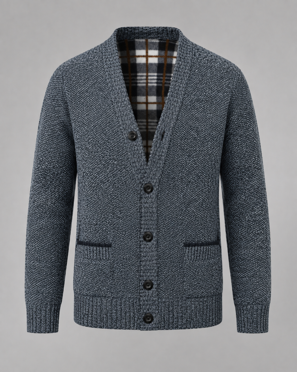 Ribbed V-neck cardigan with long sleeves, buttons and front pockets