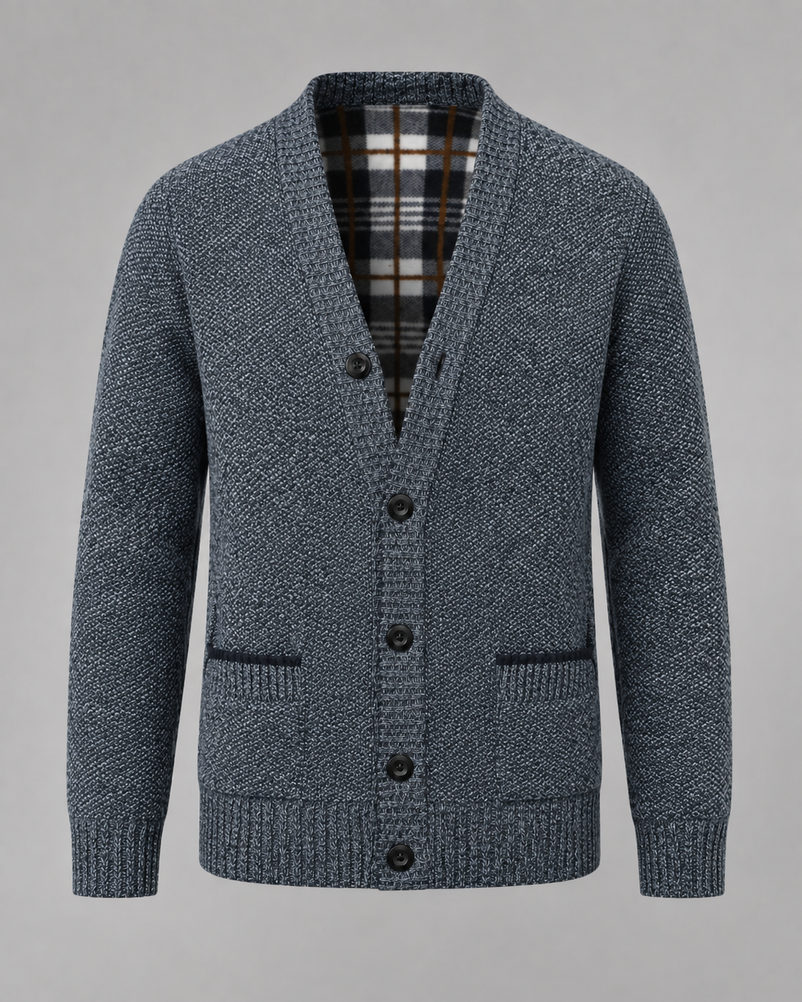 Ribbed V-neck cardigan with long sleeves, buttons and front pockets