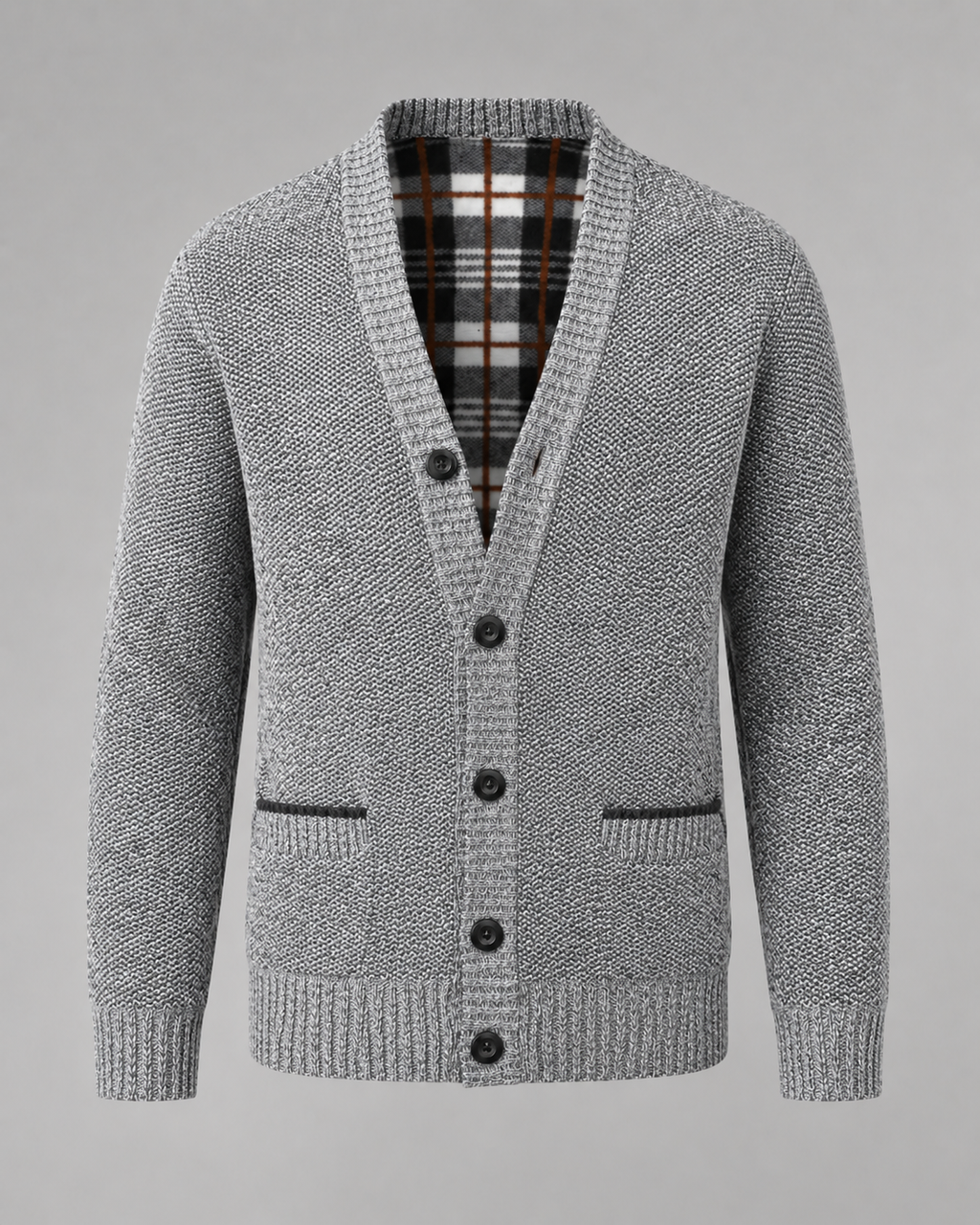 Ribbed V-neck cardigan with long sleeves, buttons and front pockets