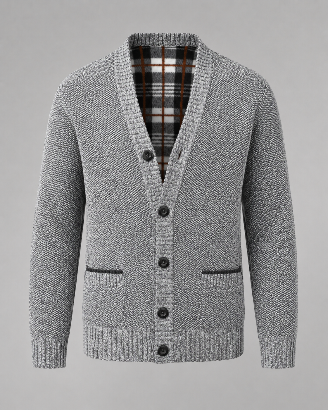 Ribbed V-neck cardigan with long sleeves, buttons and front pockets