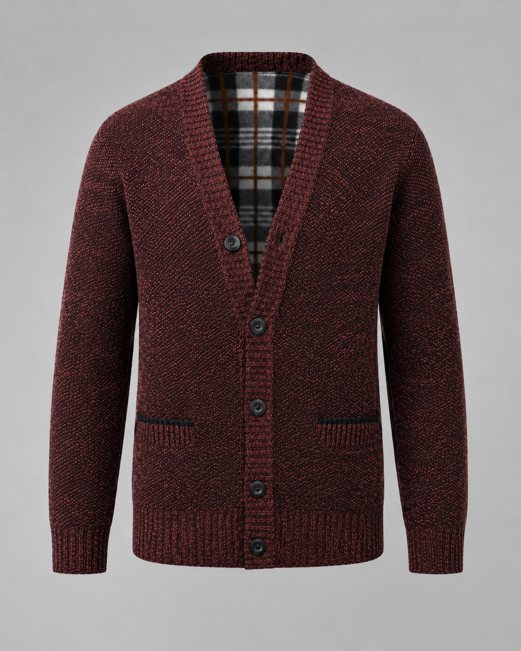 Ribbed V-neck cardigan with long sleeves, buttons and front pockets