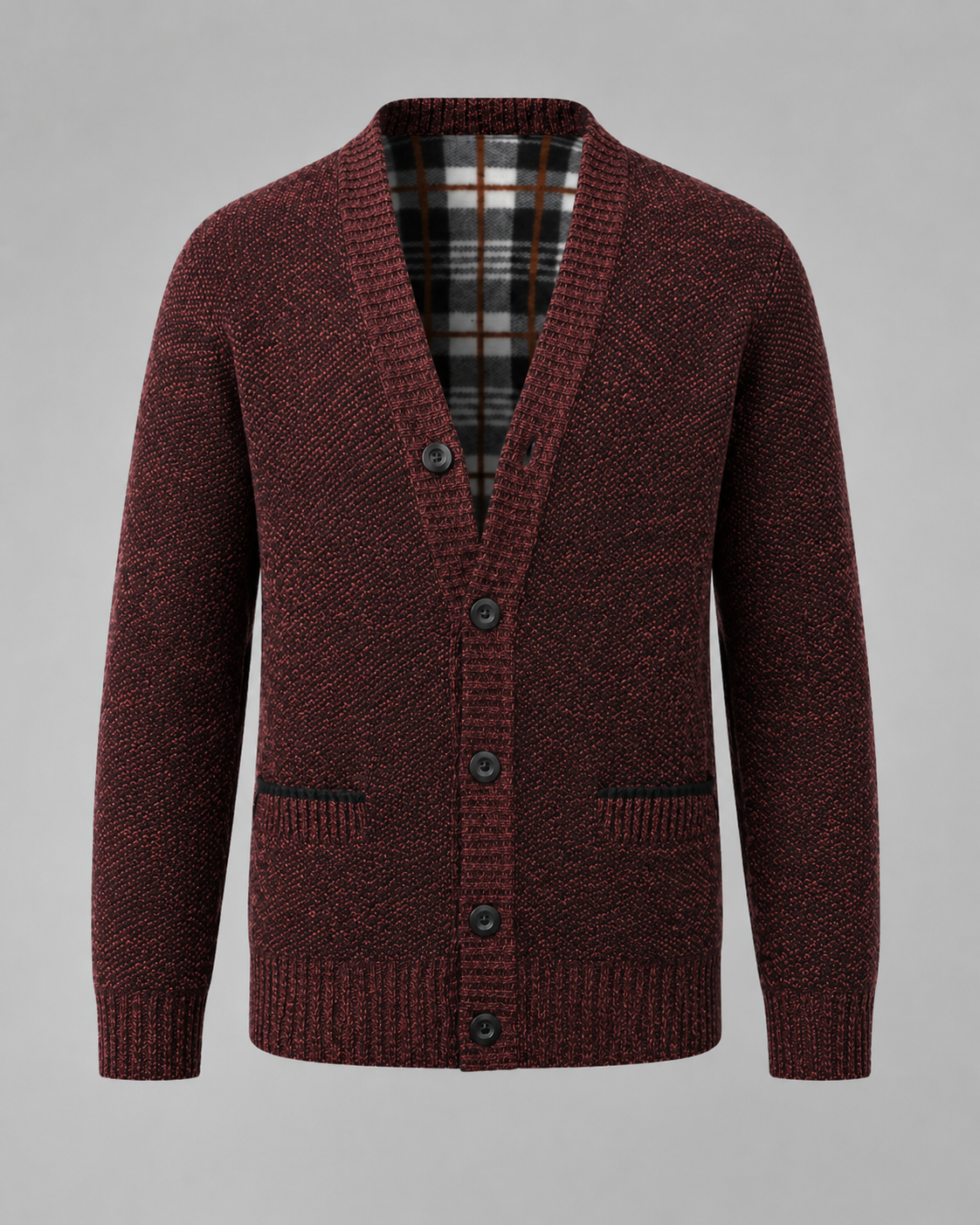 Ribbed V-neck cardigan with long sleeves, buttons and front pockets
