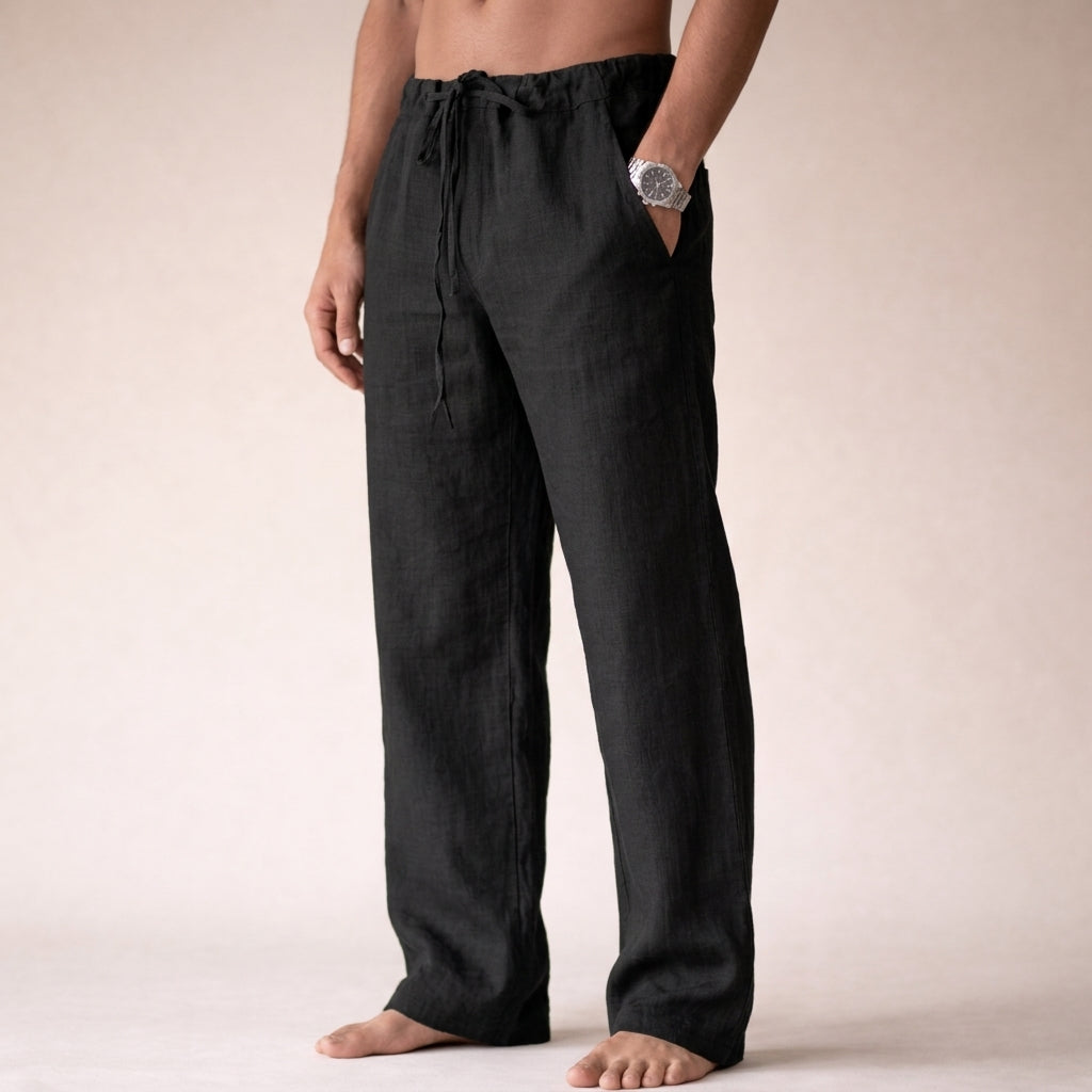 Men's straight-leg drawstring trousers with elasticated waist and side pockets