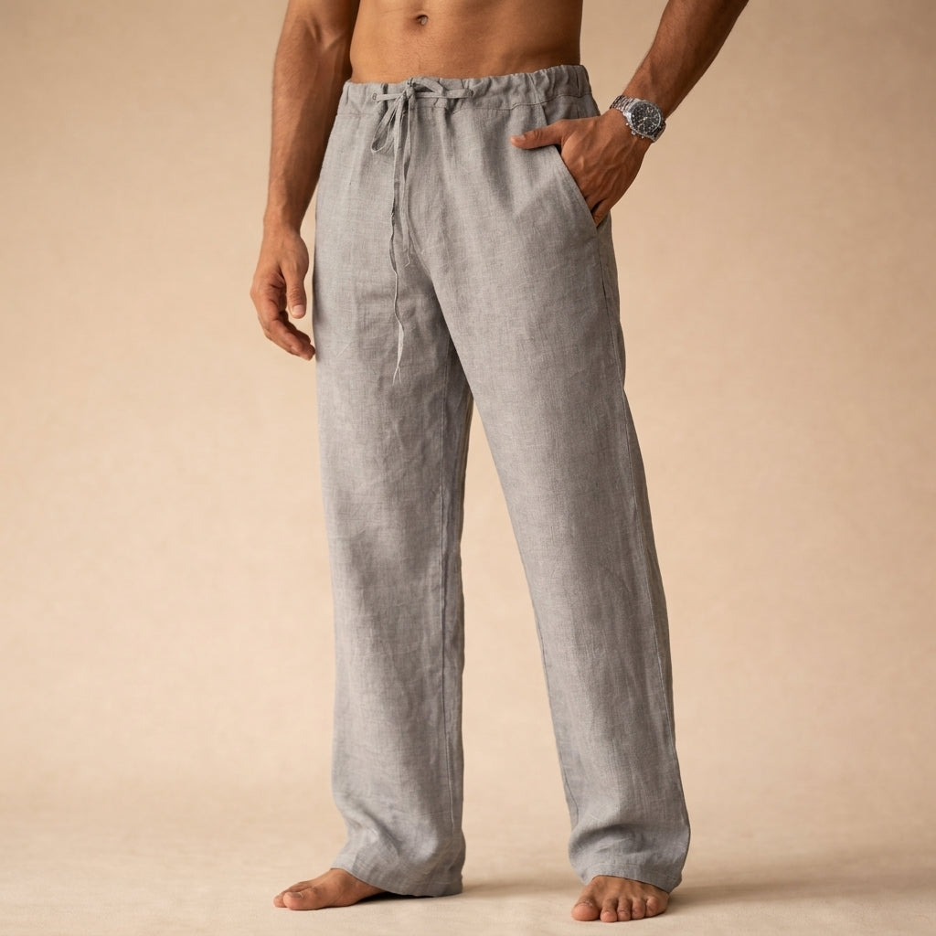 Men's straight-leg drawstring trousers with elasticated waist and side pockets