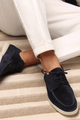 Men's navy suede-look lace-up loafers with moc stitching and a light sole