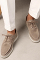 Men's beige suede-look lace-up loafers with moc stitching and a light sole