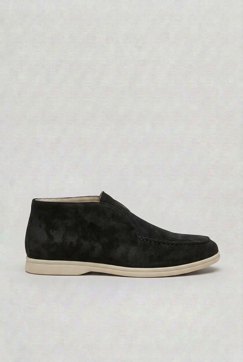 Men's black suede-look moc toe slip-on loafers with a light sole