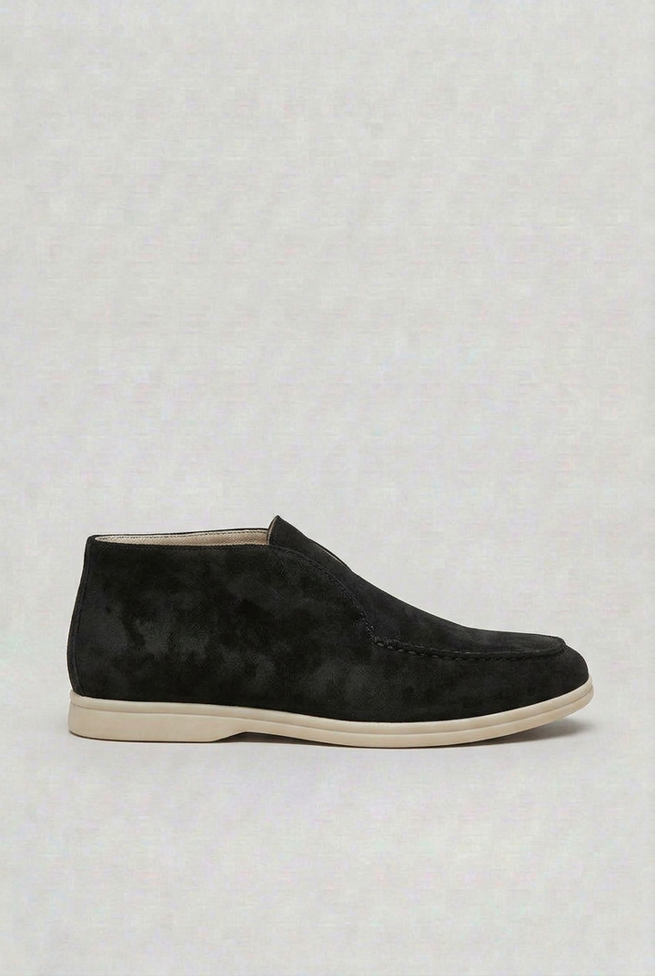 Men's black suede-look moc toe slip-on loafers with a light sole