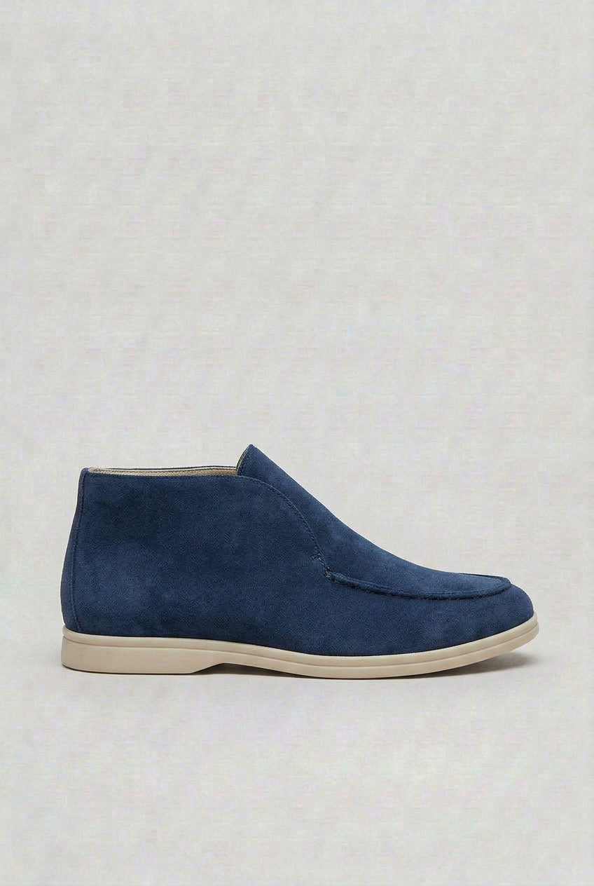 Men's marine blue suede-look moc toe slip-on loafers with a light sole