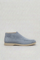 Men's light blue suede-look moc toe slip-on loafers with a light sole