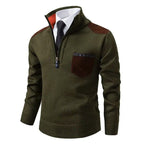 Men's knitted half-zip jumper with mock neck, chest pocket and contrasting shoulder panels